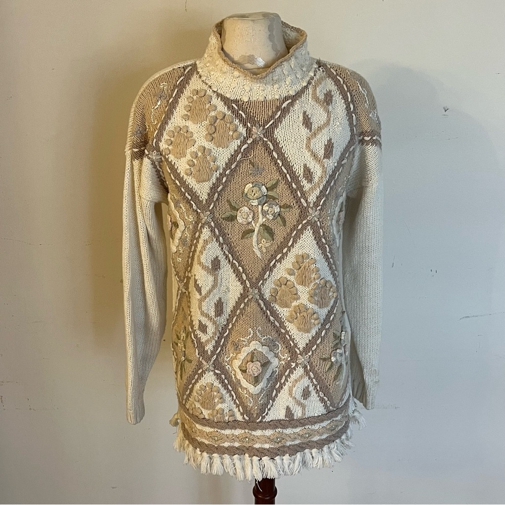 Beldoch Popper Cream and Tan Floral Knit Turtleneck Sweater – Size S